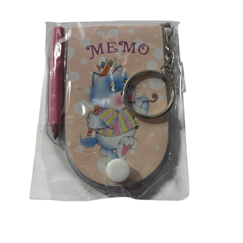 1990s Memo Pad Keychain Keyring Birthday Cat ‎ Notebook w/ Pencil By Gold Tiger